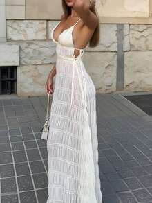 Women's 2026 SS Cream Ruched Chiffon Textured Maxi Dress Spaghetti Strap Deep V Backless Flowy Beach Vacation Music Festival Date Party Elegant Gown,For Wedding Party,Backless Sty,PartyLooks ,Date Night Outfit ,Wedding Season,Back To School Season,Note: Please Wear Skin-Colored Undergarments - Ivory - View 9