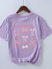 Young Girl's Bowknot Print Round Neck Short Sleeve Tee Spring And Summer Casual T Shirt For Young Girl - Purple - View 2
