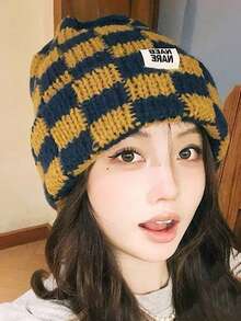 Gorro tejido con patrón de color a cuadros de otoño/invierno, gorro unisex para resaltar el rostro, orejera de mujer para mantener el calor en el frío