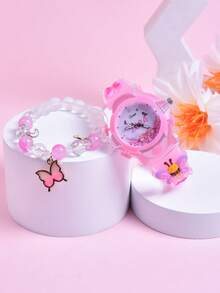 2 件/套女孩礼物 - 3D 蝴蝶硅胶表带儿童手表，LED 夜光女孩石英腕表，弹性蝴蝶手链首饰套装