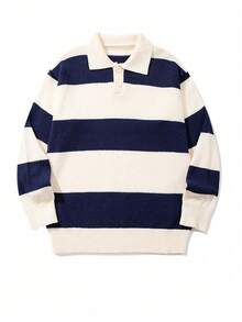 Officeau 休闲宽松条纹撞色 Polo 领针织套头毛衣，男女皆宜，适合春、秋、冬季穿着，复古风格 - 杏色 - 查看 1