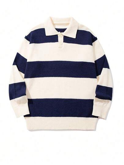 Officeau Casual Loose Striped Contrast Color Polo Collar Knitted Pullover Sweater, Unisex, Suitable For Spring, Autumn And Winter, Old Money