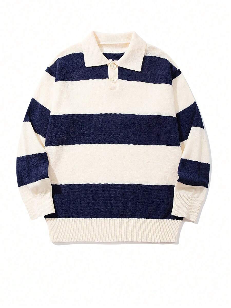 Officeau 休闲宽松条纹撞色 Polo 领针织套头毛衣，男女皆宜，适合春、秋、冬季穿着，复古风格 - 杏色 - 查看 1