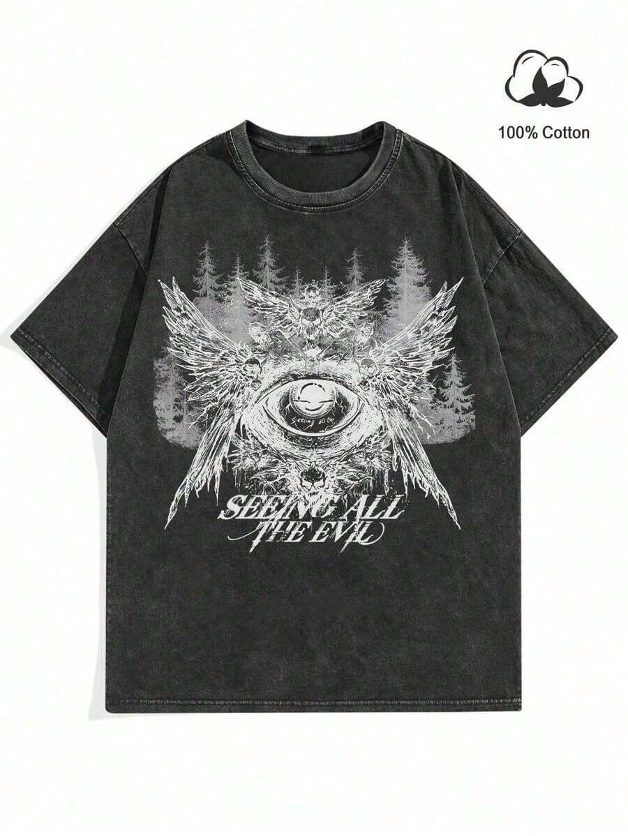 Camiseta de Hombre de Corte Bajo con Eslogan y Estampado de Ángel de Hombro Caído - Blanco - Ver 1