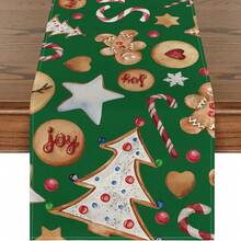 1 buc. Față de masă din turtă dulce cu brad de Crăciun, model drăguț de bomboane, fața de masă din material asemănător inului, decor de Crăciun și sărbători de iarnă, accesoriu pentru petrecere și masă, decor de masă în stil rustic, potrivit pentru bucătărie, masă de sufragerie, măsuță de cafea, dulap, petrecere, nuntă, decorațiuni de sărbători