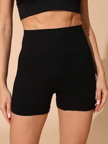 1 pieza Pantalones cortos sin costuras nuevos para primavera/verano, pantalones cortos deportivos casuales para uso diario, pantalones cortos de ciclismo - Negro - Ver 3