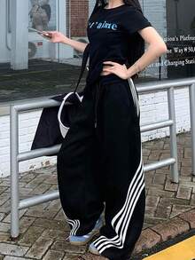 Women's Y2K Baggy Striped Sweatpants, High Waisted Wide Leg Casual Pants, Joggers With Drawstring Waist And Cuffs - 黑色 - 查看 3