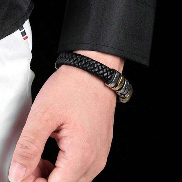 1 Stück klassisches schwarzes gewebtes Lederarmband für Herren, Modischer Accessoire mit Metall-Magnetverschluss