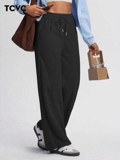 TCVC 女士休闲高腰抽绳宽松直筒运动裤，高弹力腰带配抽绳，宽松舒适，适合运动、休闲穿着、返校季、秋冬季穿着。