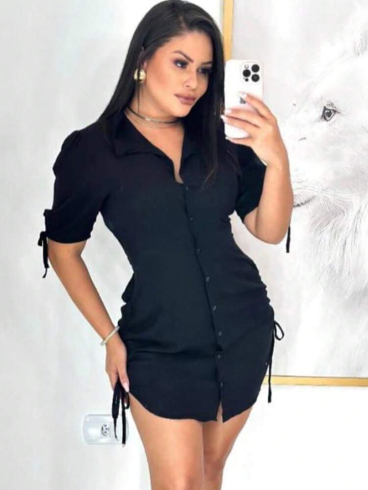 Vestido Bella Preto – Clássico e Poderoso  Simples    Botão  Nó - Preto - Visão 2