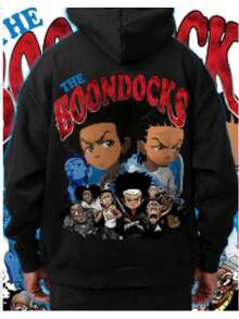 Concrete Print Fleece-Lined Hoodie . A Must-Have For Autumn And Winter - Unlock The Eye-Catching Appeal In Daily Outfits With The Boondocks Characters - Black - View 1