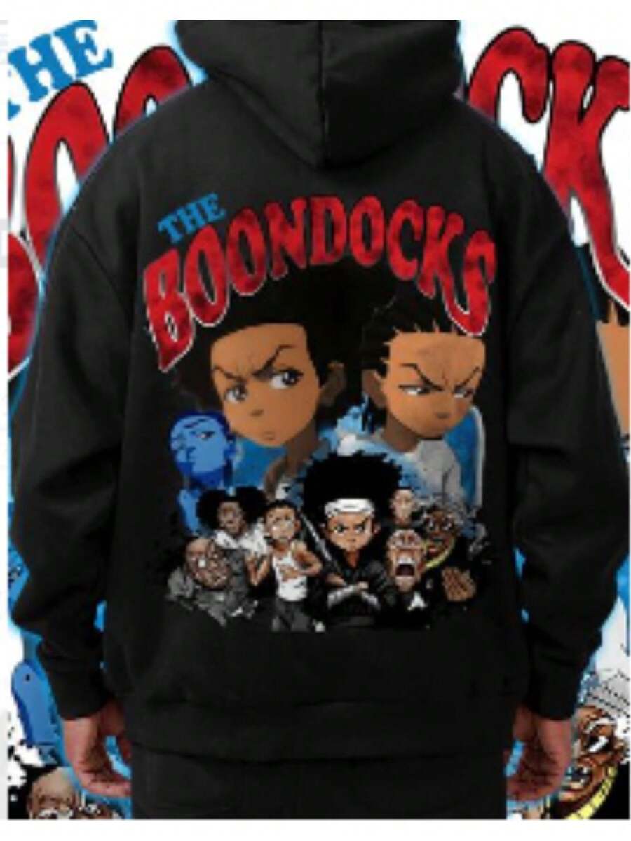 Concrete Print Fleece-Lined Hoodie . A Must-Have For Autumn And Winter - Unlock The Eye-Catching Appeal In Daily Outfits With The Boondocks Characters - Black - View 1