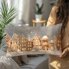 1pc Christmas Retro Town Street Snow Landscape Cushion Cover, Single-Sided Printed Peach Velvet Material, 30*50cm/40*60cm Pillow Case Suitable For Christmas Winter Room Decor, Modern Minimalist Sofa Living Room Decor, Party Decor, Gift