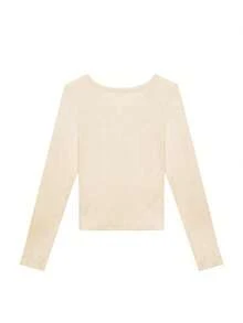 女士纯色针织打底衫T恤，秋冬季休闲春季款 - 杏色 - 查看 2