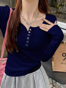 女式纯色针织汗衫上衣T恤，秋季 - 藏蓝色 - 查看 3