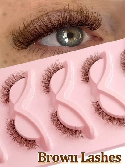 Rikuaild 5 pares de pestañas marrones esponjosas y naturales con banda transparente, pestañas postizas de volumen, herramientas de maquillaje de ojos, regalos de lujo para viajes y playa, pestañas portátiles