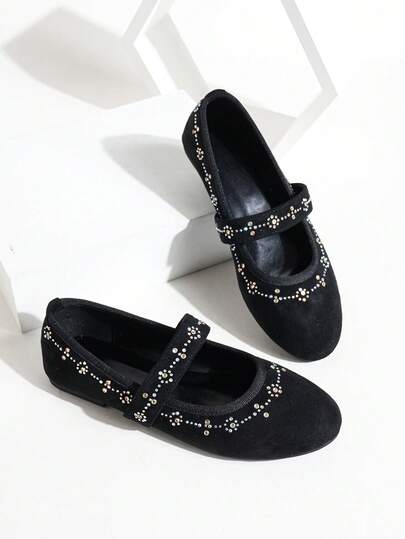 Women's Round Toe Ballet Flats, Elegant Minimalist Fashion Design With Rhinestone Flower Decor, Retro Mary Jane Slip-On Style, Fashionable And Comfortable For Daily Wear, Suitable For Christmas, New Year, Autumn/Winter Weddings, And Outdoor Vacations