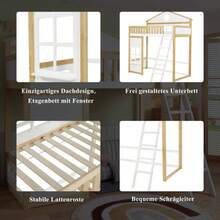 Etagenbett, Hausbett, mit Treppe, mit Rausfallschutz und Geländer, mit Dach und Fenster, Lattenrost frei gestaltbar, Rahmen Kiefer, Kiefer + MDF, weiß + natur, 90 x 200 cm