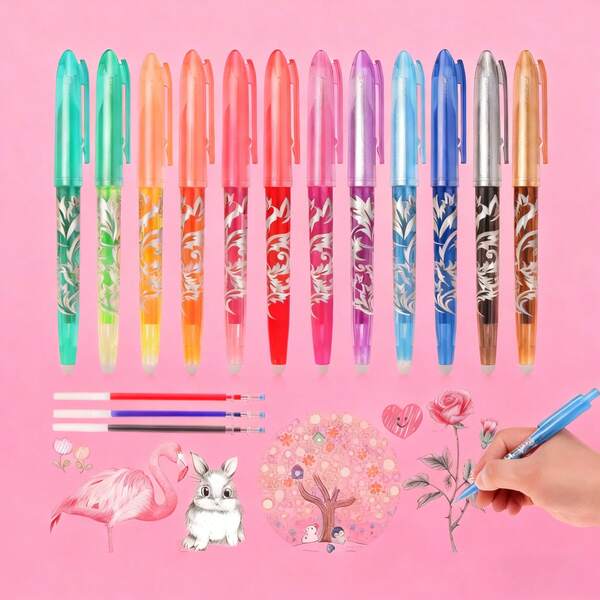 12 canetas esferográficas apagáveis, ponta média de 0,5 mm, adequadas para adultos e estudantes, material escolar/de escritório, presente - inclui 12 cores (azul/preto/azul celeste/laranja/roxo/vermelho rosa), escreve apagável sem deixar rastros, ideal para volta às aulas, Halloween, Ação de Graças, Natal, aniversário e outros feriados