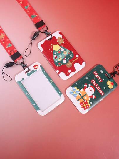 1 pièce, support de carte de Noël multicolore en option, fournitures de bureau et d'étude portables verticales, pour le stockage des cartes de bus, d'étudiant et de travail, cadeaux de fête uniques pour les amis et les camarades de classe (avec long cordon)