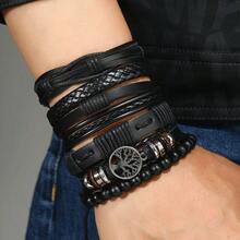 6pcs Vintage PU Woven Tree Of Life Beaded Bracelet Set, Unisex, Suitable For Fathers Day, Boyfriend Gift, Daily Wear - màu đen - Xem 10