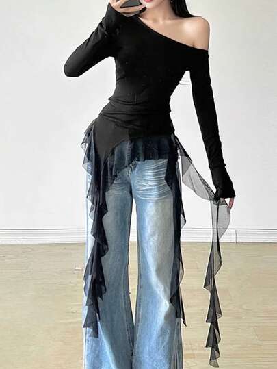 女士优雅甜美街头风修身长袖不对称领口荷叶边流苏T恤上衣，纯色针织面料搭配网纱拼接，适合约会、日常穿着、机场出行、春夏穿着