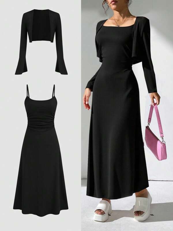 Set de 2 piezas: Blusa negra de manga de campana elegante y casual, y vestido deslizante off-shoulder, para otoño