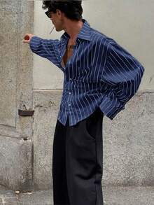 男士条纹长袖衬衫，时尚休闲风格，适合春秋季 - 藍色 - 查看 3