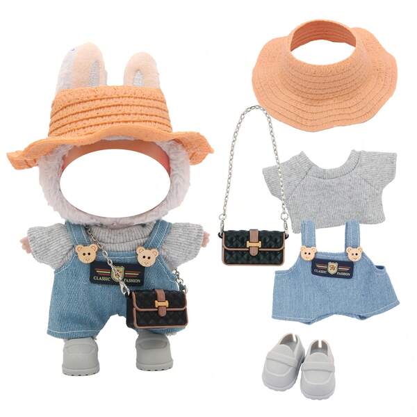 Casual Overalls, Hat, Outfit Set, Paired With Chain Bag And Loafers, For Labubu, Halloween, Christmas, Holiday, Birthday Gift (Excluding Plush Doll)