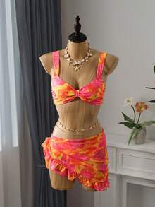 Bellisia 3 pièces/Set Top à bretelles et bikini imprimé floral aléatoire pour femmes, tenue de plage d'été - Multicolore - Voir 5