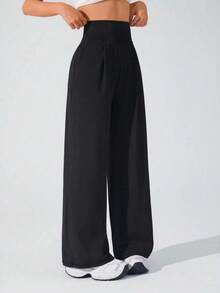 Freedom Pantalones deportivos de cintura alta, unicolor, con pliegues y bolsillos, pernera ancha para mujer con diseño cruzado para actividades, aptos para pádel, tenis, pickleball, gimnasio y fitness en otoño e invierno - Negro - Ver 3