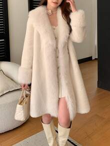 女士优雅仿毛领夹克，冬季 - 白色 - 查看 3