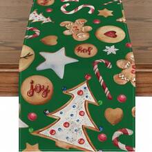 1 buc. Față de masă din turtă dulce cu brad de Crăciun, model drăguț de bomboane, fața de masă din material asemănător inului, decor de Crăciun și sărbători de iarnă, accesoriu pentru petrecere și masă, decor de masă în stil rustic, potrivit pentru bucătărie, masă de sufragerie, măsuță de cafea, dulap, petrecere, nuntă, decorațiuni de sărbători
