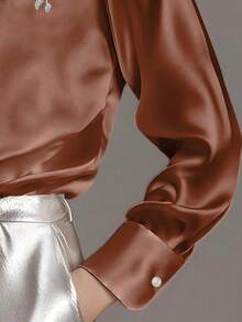 女士优雅缎面刺绣纽扣长袖衬衫 - 棕色 - 查看 4