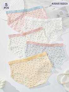 5 piezas de nuevas bragas de tiro medio con estilo triángulo imprescindibles para mujeres, con lazos impresos lindos y frescos, ribete de encaje, diseño puro y juvenil estilo estudiante japonés, tela cómoda, estilo dopamina, disponible en blanco, azul y rosa, ropa interior casual para mujeres, estilo minimalista.