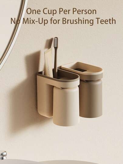 2-Person Set Toothbrush Holder Wall Mounted With Cup,2-In-1 Toothbrush Holders & Cups Set,Inverted Design For Easy Cleaning And Draining,Stick-On Toothbrush Holder For Bathroom