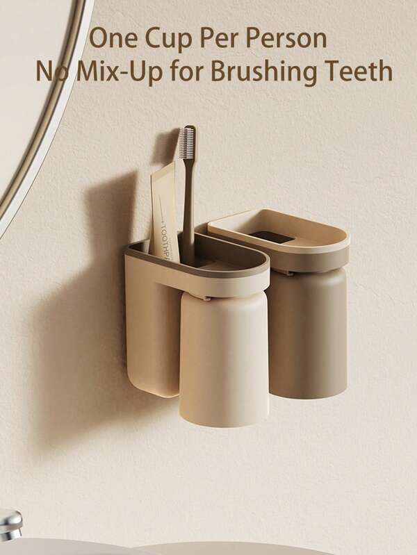 2-Person Set Toothbrush Holder Wall Mounted With Cup,2-In-1 Toothbrush Holders & Cups Set,Inverted Design For Easy Cleaning And Draining,Stick-On Toothbrush Holder For Bathroom