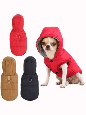 Autumn/Winter Thickened Dog Jacket With Hood, Windproof, Button Design, Leash Ring, Suitable For Medium & Small Dogs