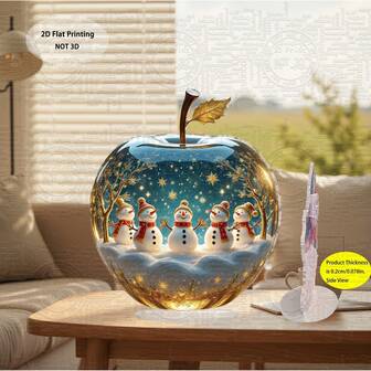2D立体冬季雪人一家水晶苹果摆件 - 2D立体亚克力桌面摆件，15厘米/5.9英寸雪人造型，飘雪和闪光设计，金色和蓝色冬季场景，适合圣诞节、新年、情人节、复活节桌面装饰 - 家居、办公室或收藏家的理想礼物（无需维护） - 雪人收藏展示品，2D立体，圣诞装饰，圣诞家居装饰，圣诞节假日装饰