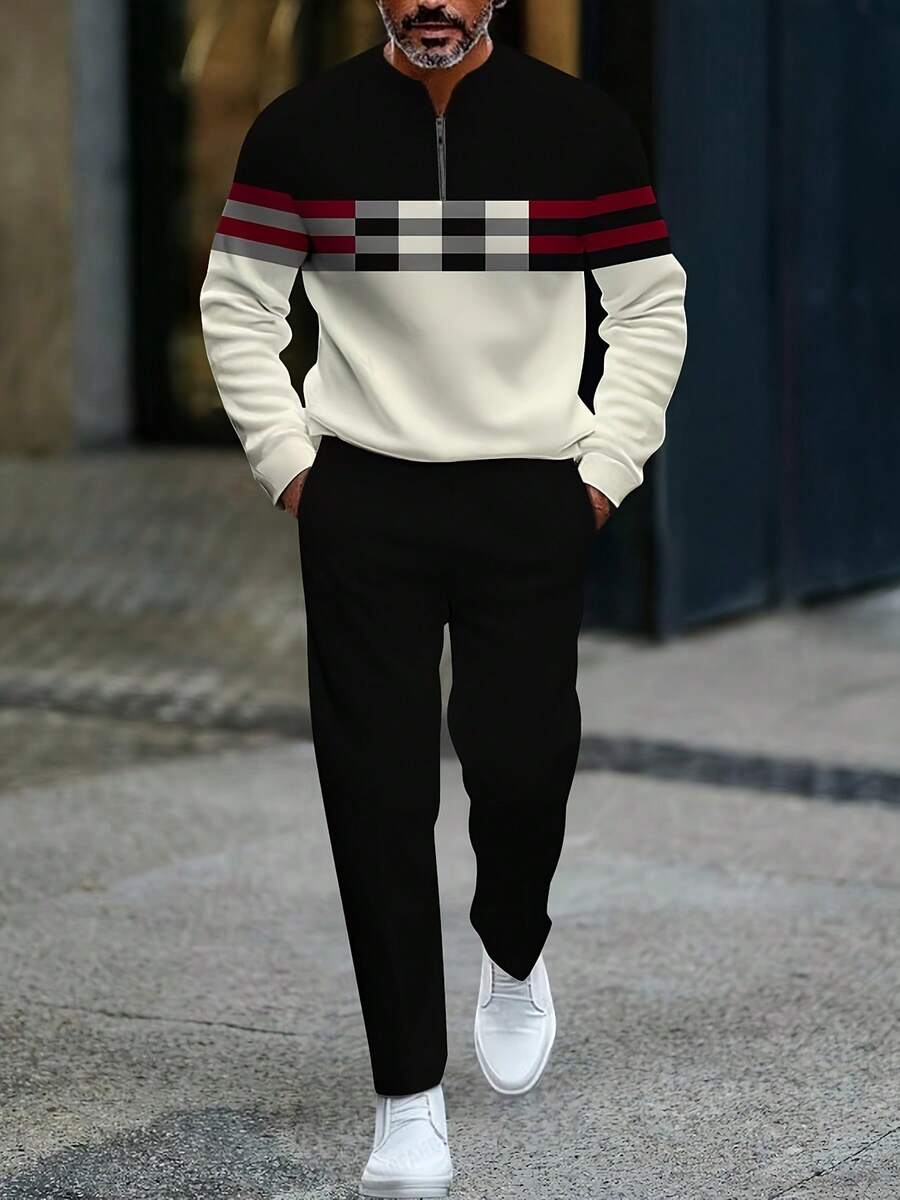 Autumn/Winter New Men's Casual Stand-Up Collar Suit, Including A Half-Zipped Stand-Up Collar Top With Black/Red/Graywhite Plaid Stripes, And A Black Drawstring Casual Long Pants. Sports, Street Style Suit, Men's Clothing, Men's Suit.  Striped    Spring/Fall    Regular Fit    Pocket  Zipper    Going Out  Daily - 彩色 - 查看 1