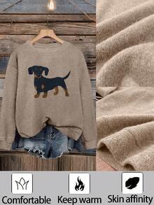 Damen Lässig Strick Langarm Top mit Dackel Muster, einfarbig, Herbst und Winter Faux Strick Oberteil, geeignet für Hundeliebhaber, warme Oberteile für Frauen, Herbst Outfits, Winterkleidung
