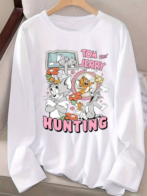 Warner Bros Camiseta de manga larga para mujer, con licencia de propiedad intelectual de Warner Bros, estampado de la imagen de dibujos animados de Jerry y Tom, camiseta de manga larga con cuello redondo, material de fácil cuidado, adecuada para uso diario, ropa de mujer, camiseta de mujer