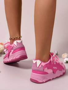 Women's Lace Up Shoes, Round Toe Thick Soled Shoes, European And American Style Sports Shoes, Fashionable Sports Shoes, Color Matching Sports Shoes, Metal Thick Soled Sports Shoes, Women's Sports Shoes, Lace Up Sports Shoes - 玫瑰紅 - 查看 7