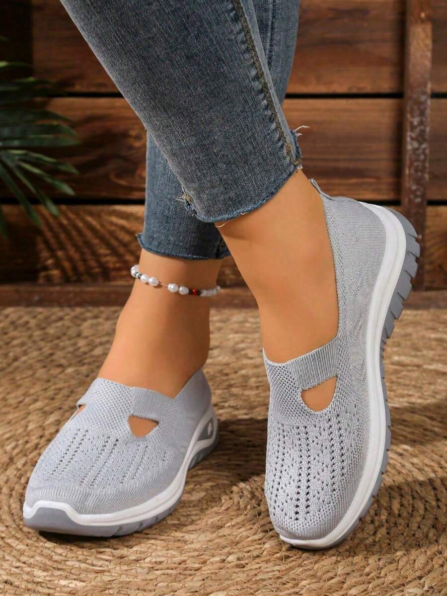 Women'S Lightweight Breathable Knit Walking Shoes - Soft EVA/PVC Sole, Low-Top Summer Sneakers With Fabric Upper & Lining, Multiple Colors For Casual & Light Exercise, Ladies Shoes - 灰色 - 查看 1