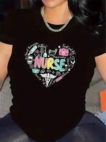 Camiseta para Enfermeras| Duradero y cómodo, para uso hospitalario, con diseño de corazón e íconos, perfecto para el trabajo o uso casual, tela ligera y transpirable, cuello redondo, elasticidad media. - Negro - Ver 7