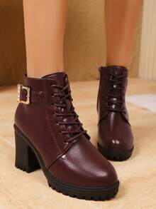 女士秋冬新款时尚圆头侧拉链系带皮革铆钉装饰舒适厚高跟切尔西靴，百搭靴子 - 酒紅色 - 查看 4