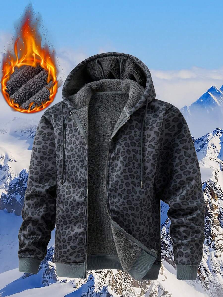 男士羊毛连帽夹克，新款秋冬休闲运动衫 - 黑色 - 查看 1