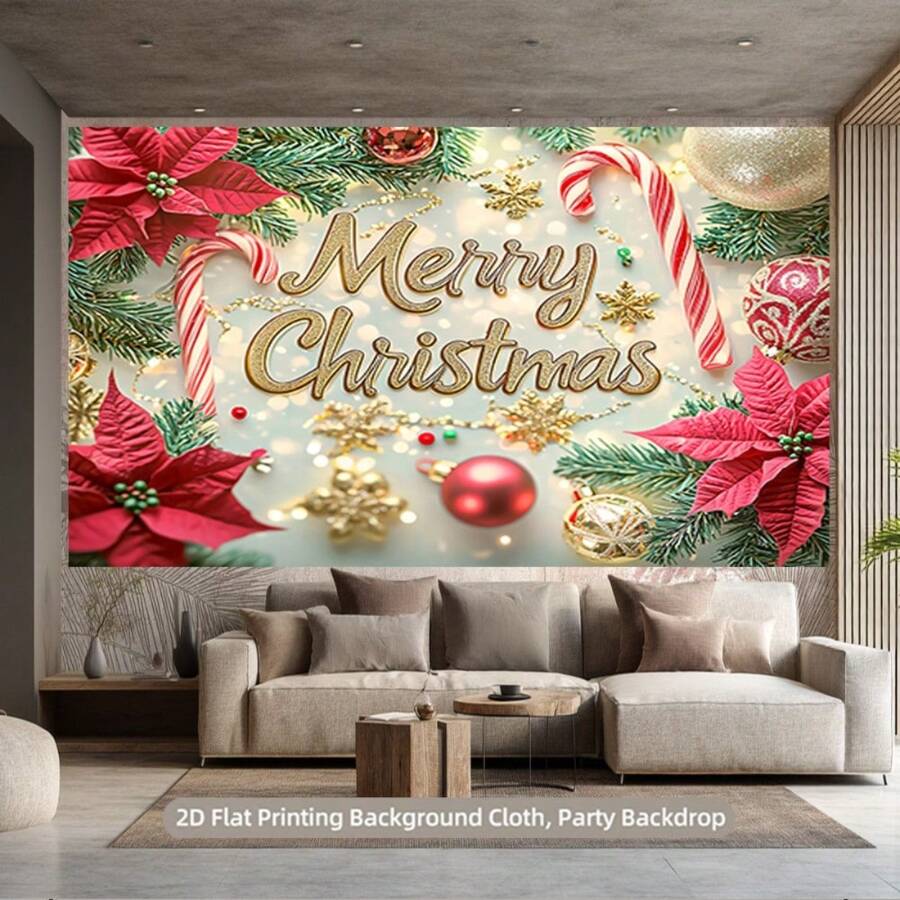 2D plano, 1 pieza, Tela de fondo de decoración navideña para el hogar, diseñada con bastones de paseo con reflectores y pancartas con patrón de flores rojas, muy adecuada para la fiesta de Navidad, decoración del festival, fondos de fotografía, sin electricidad requerida, fácil de colgar, tela de poliéster duradera, esencial para la decoración navideña