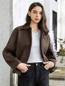 休闲女式外套秋季翻领长袖女士夹克带口袋时尚街头女士外套 - 棕色 - 查看 4