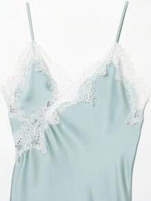 蕾丝边缎面不对称夏季派对迷你裙，优雅新款无袖性感睡裙，棕/黑色露背女装 - 藍色 - 查看 4